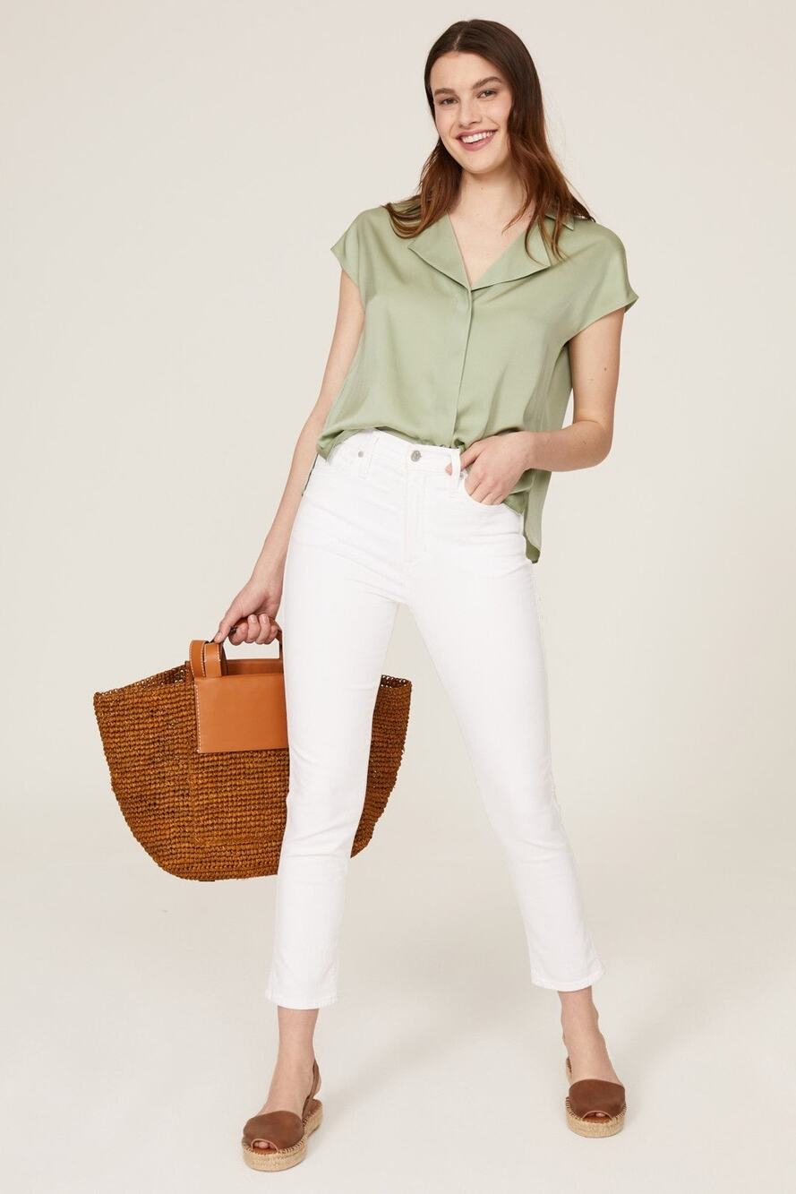 BOSS Hugo Boss Sage Green Cap Sleeve Collared Boxy Silk Blouse Top Size 0